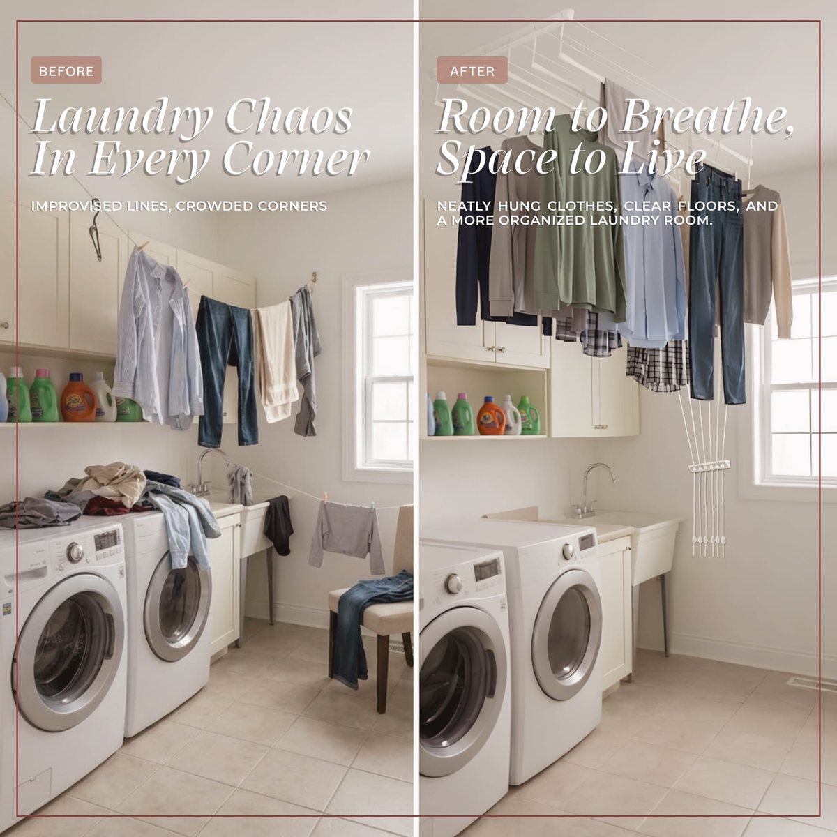 Before and after: a floor drying rack versus clothes drying on the ceiling rack