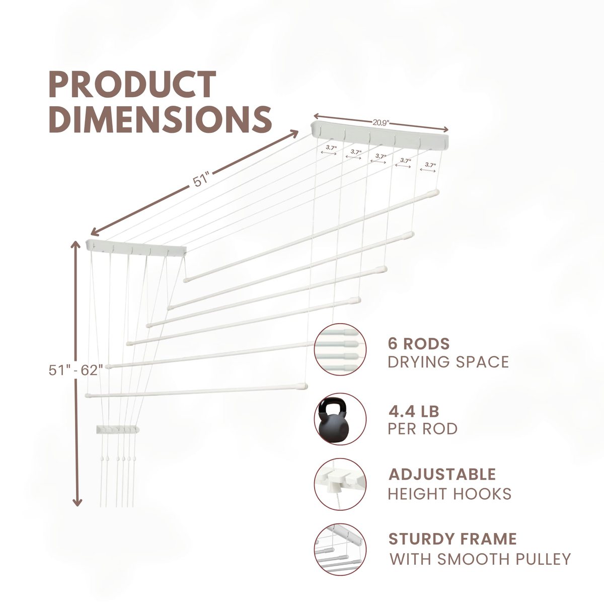 Product dimensions: 51 inch rods, 51 to 62 inch width, 6 rods, 4.4 lb per rod
