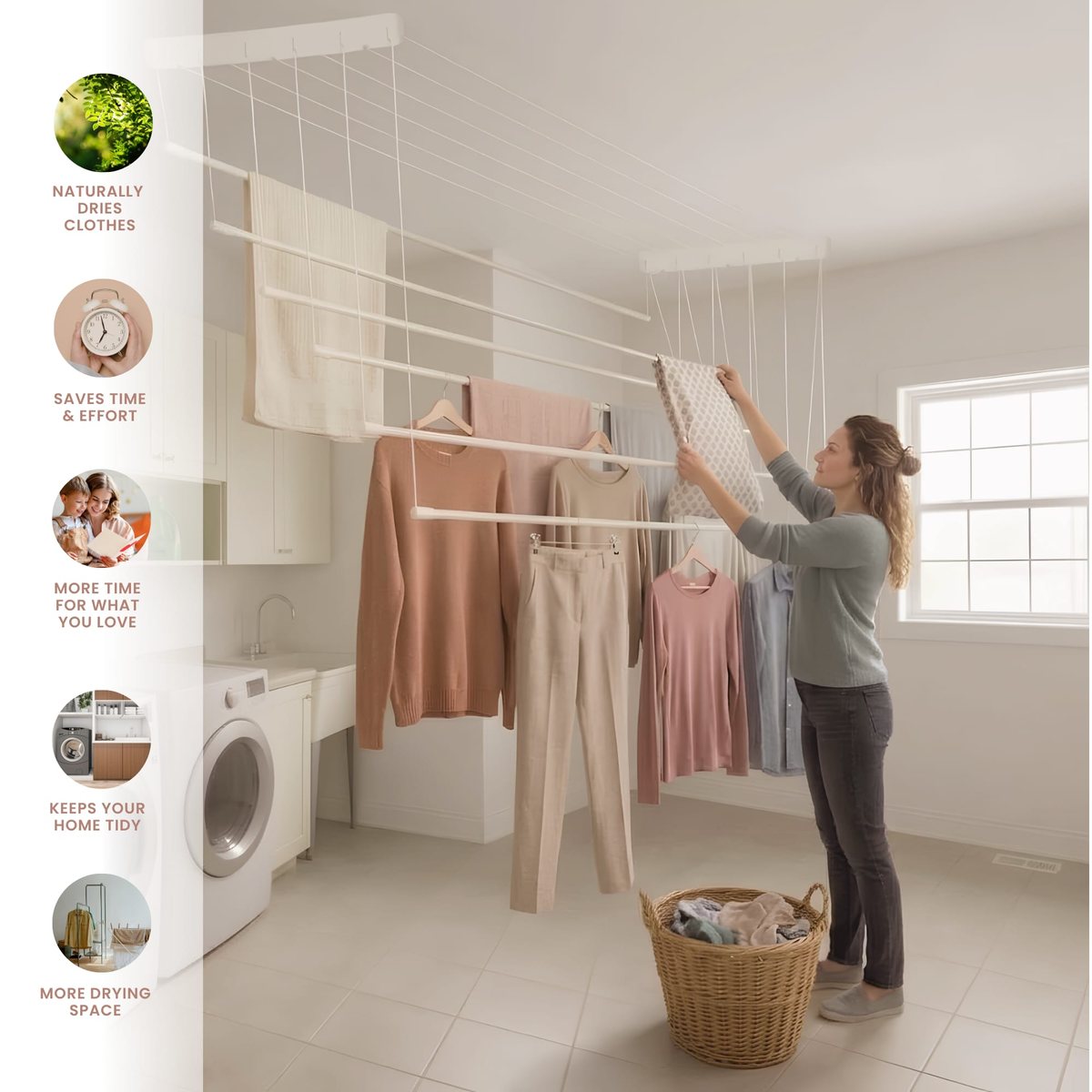 Woman hanging laundry on the Practic Drop Dryer ceiling rack, with its benefits: naturally dries clothes, saves time and effort, keeps your home tidy, more drying space